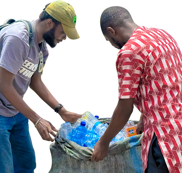 Two people collecting plastic bottles into a sack