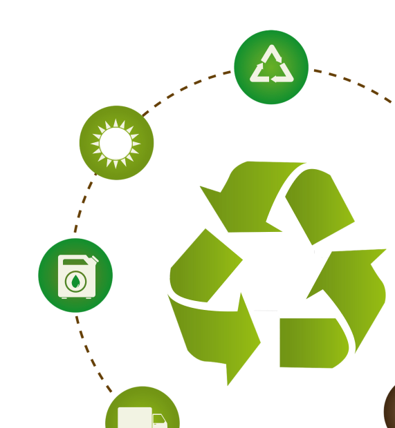 Illustration of recycling linked with transport, equipment and material recovery
