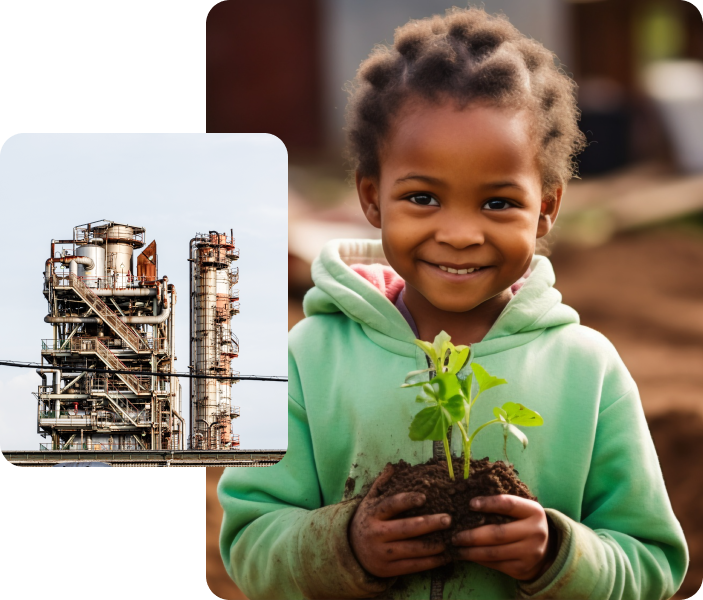 Illustrative collage of an industrial facility and a child holding a seedling