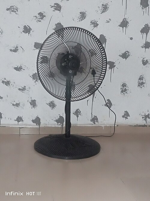 A black household fan with a protective grille and a round base