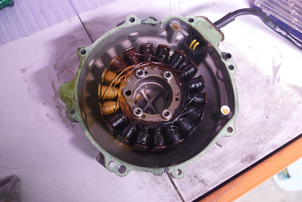 Burnt copper windings in a motorcycle alternator stator